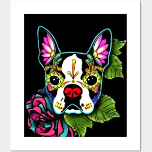 Boston Terrier in Black - Day of the Dead Sugar Skull Dog Posters and Art